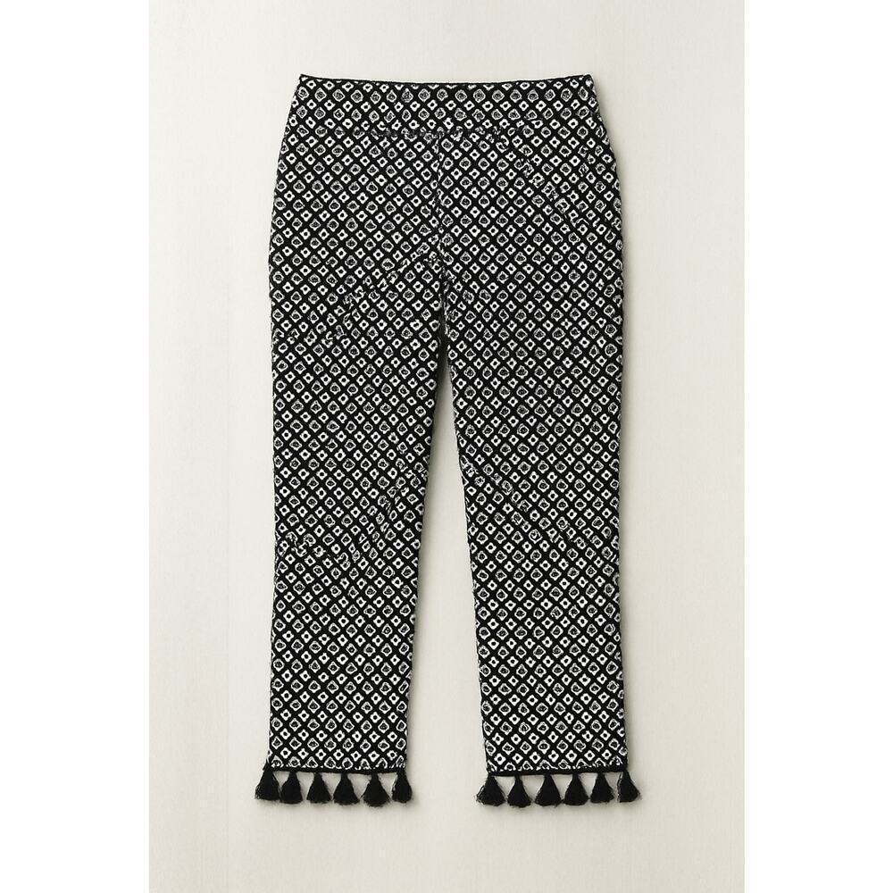 Chicos Womens Pants Size 0 ( 4) Black White Geometric Print Tassel Hem Crop Boho